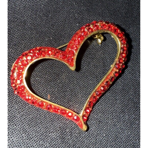 Lot of 3 Heart Brooch Pins – Vintage Style Gold & Silver Tone Rhinestone Red - Picture 4 of 11